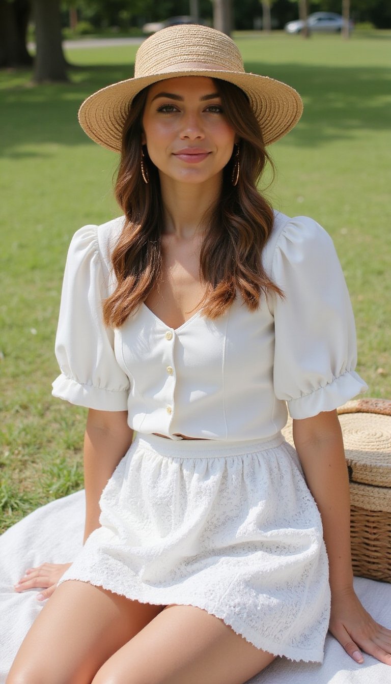 Eyelet Mini Skirt And Straw Hat Picnic Ready Outfit