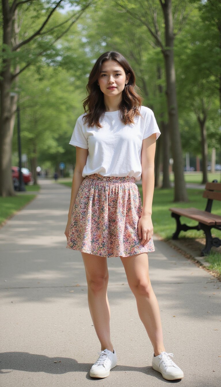 Floral Circle Skirt And White Tee Vintage Vibe