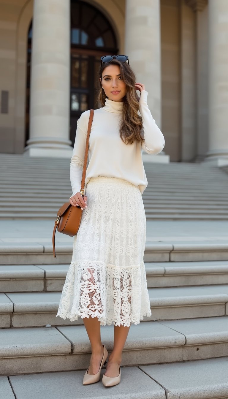Lace Midi Skirt And Lightweight Turtleneck Combo