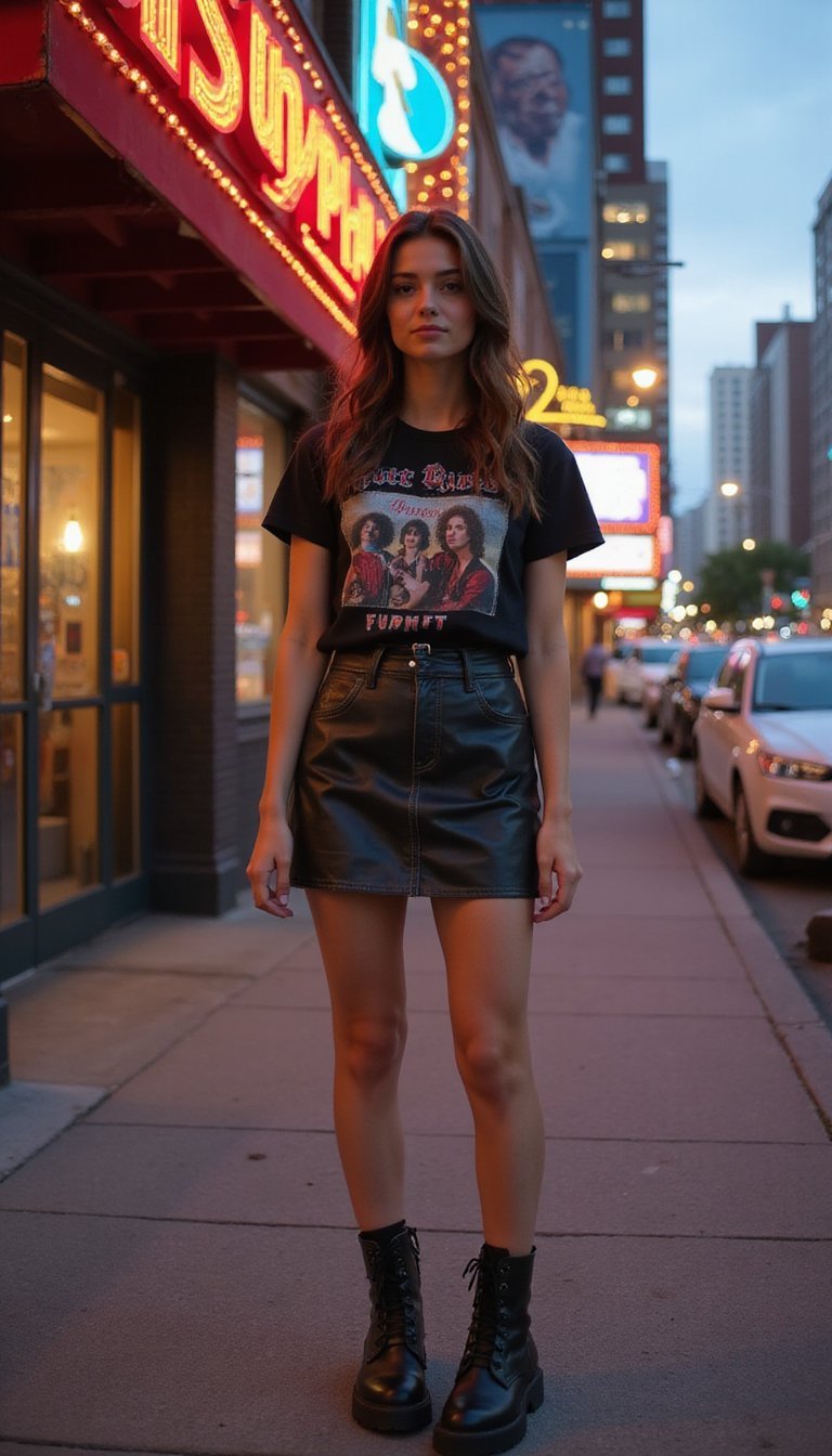 Leather Mini Skirt And Vintage Band Tee Look