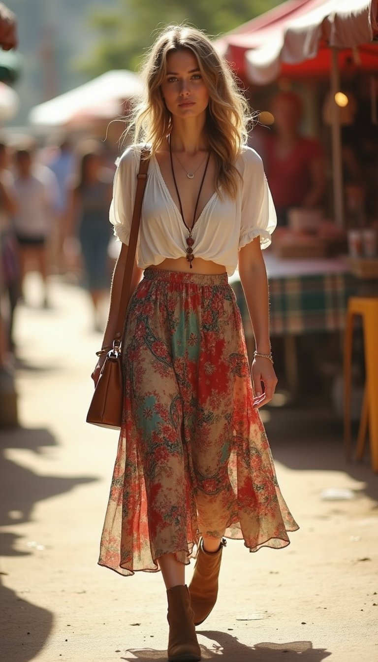 Patchwork Midi Skirt And Boho Blouse Pairing