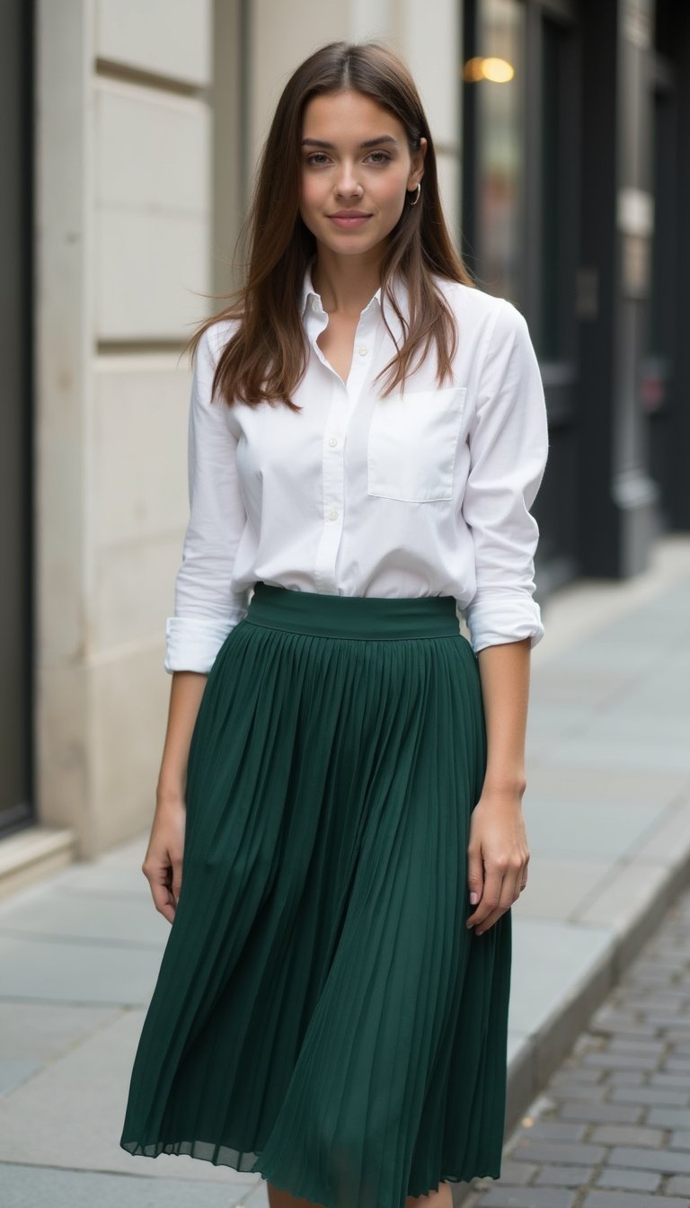 Pleated Midi Skirt And Crisp Button Down Ensemble
