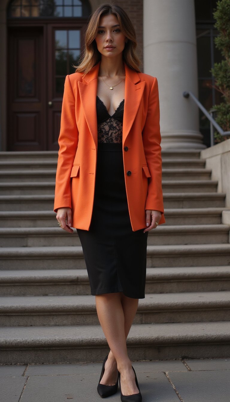 Bold Blazer Over Lace Bodysuit Ensemble