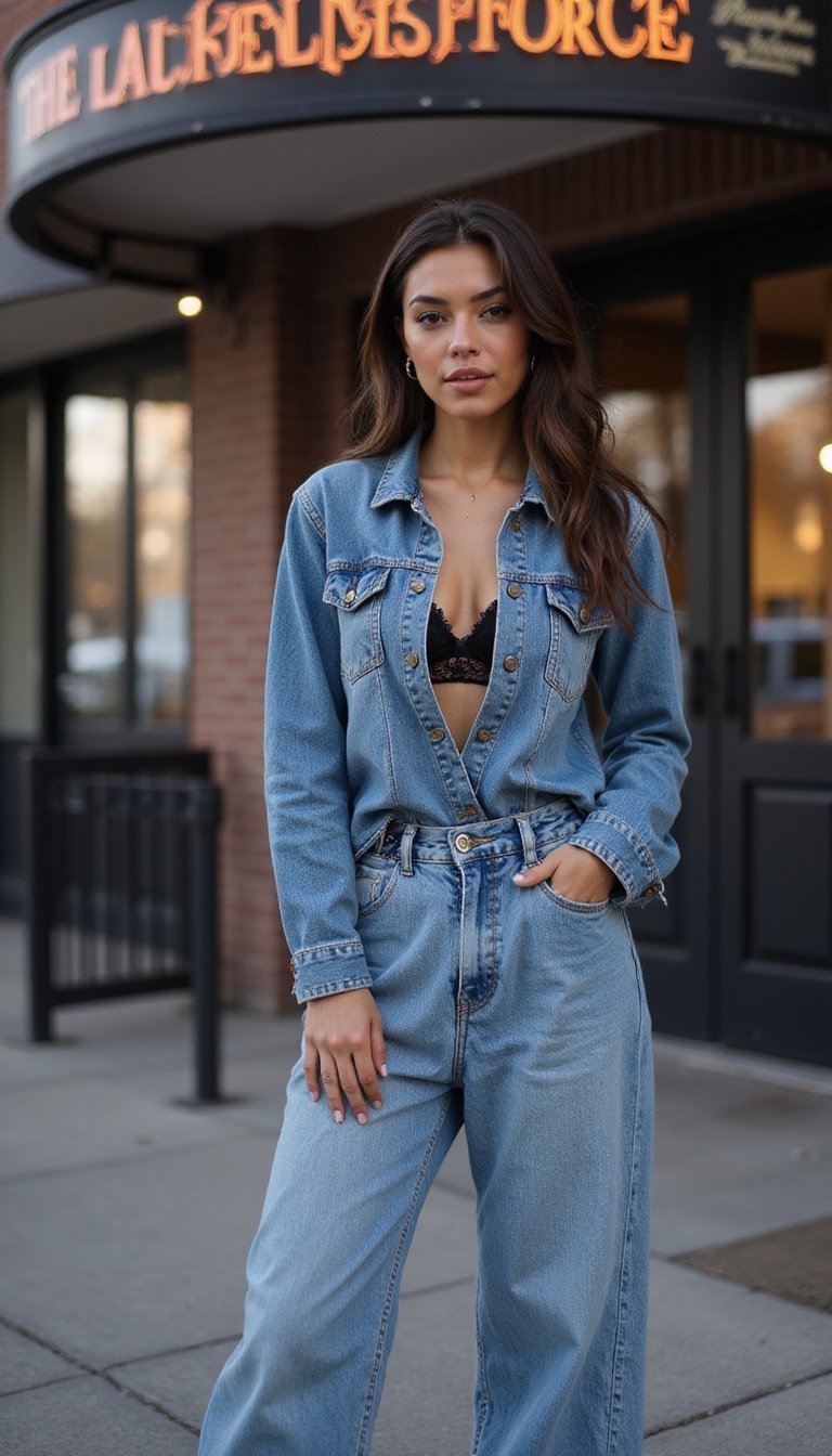 Denim-On-Denim With Lace Bralette Peek