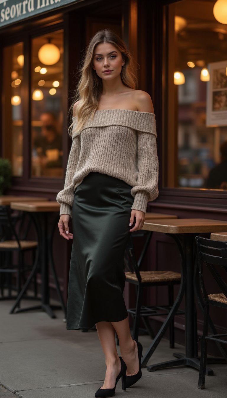 Off-Shoulder Sweater Paired With Midi Skirt