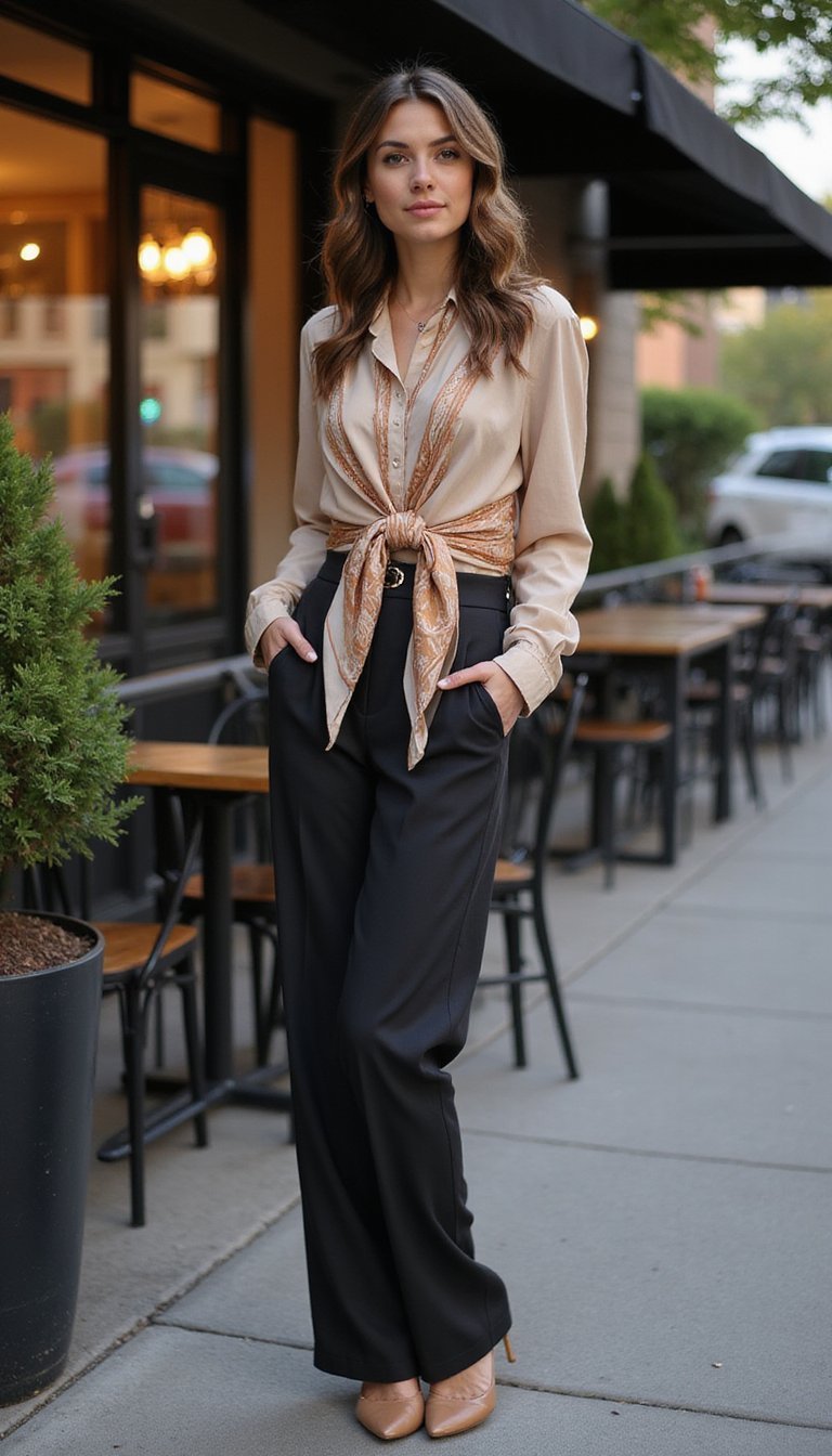 Silk Scarf Top With Tailored Trousers Pairing