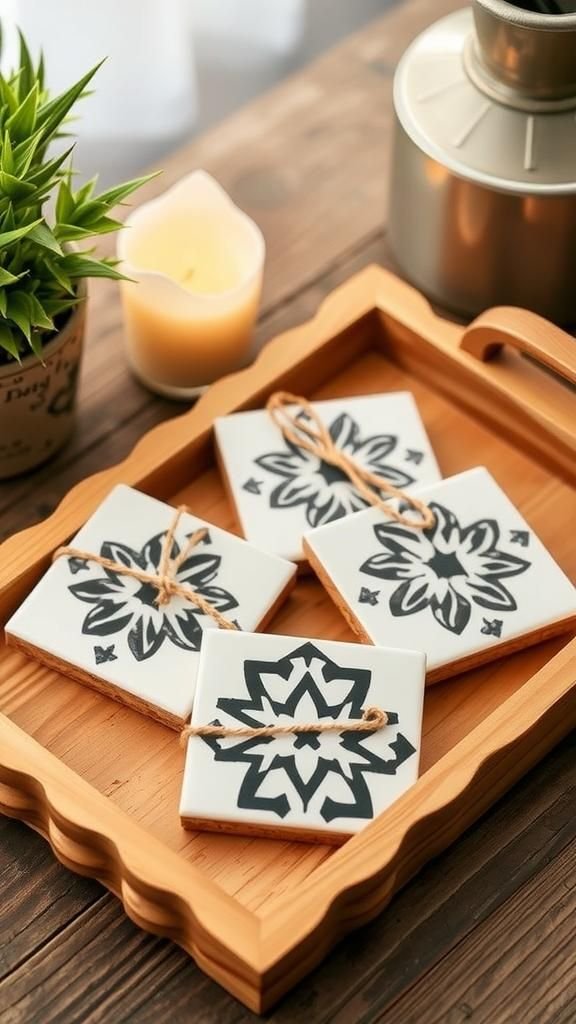 Tile Coasters With Cork Backing And Stenciled Patterns