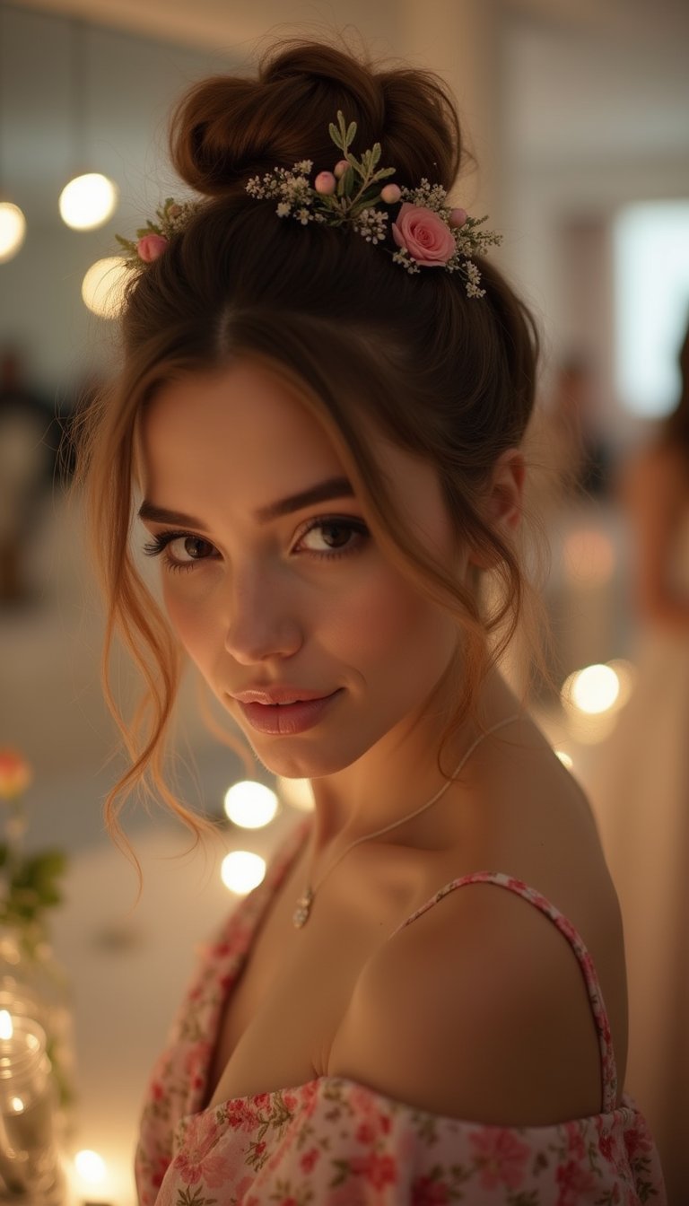 Messy Twisted Updo With Floral Pins