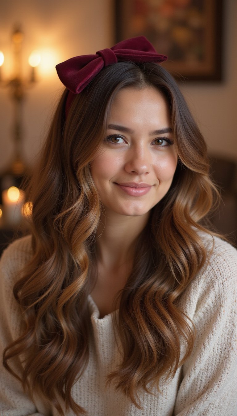 Side-Swept Waves With Velvet Bow Clip
