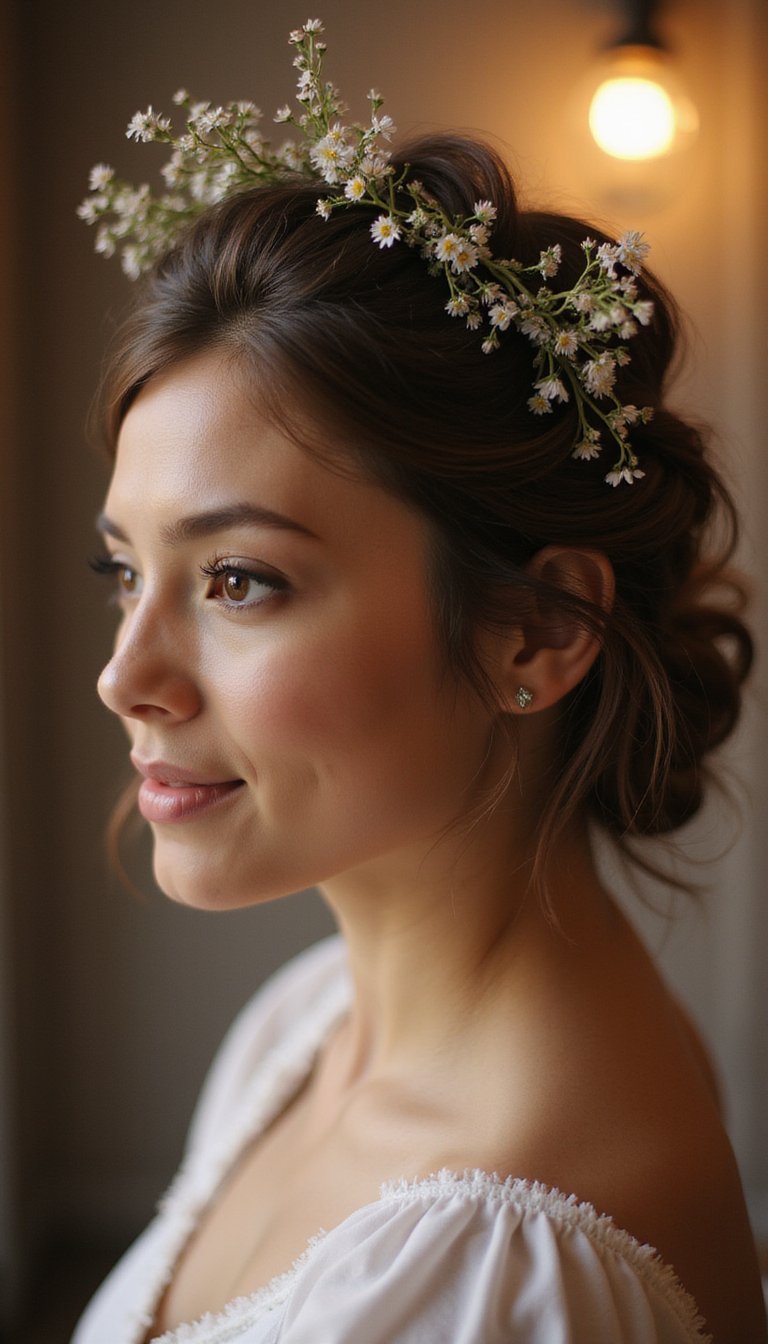 Twisted Halo Updo With Tiny Flowers