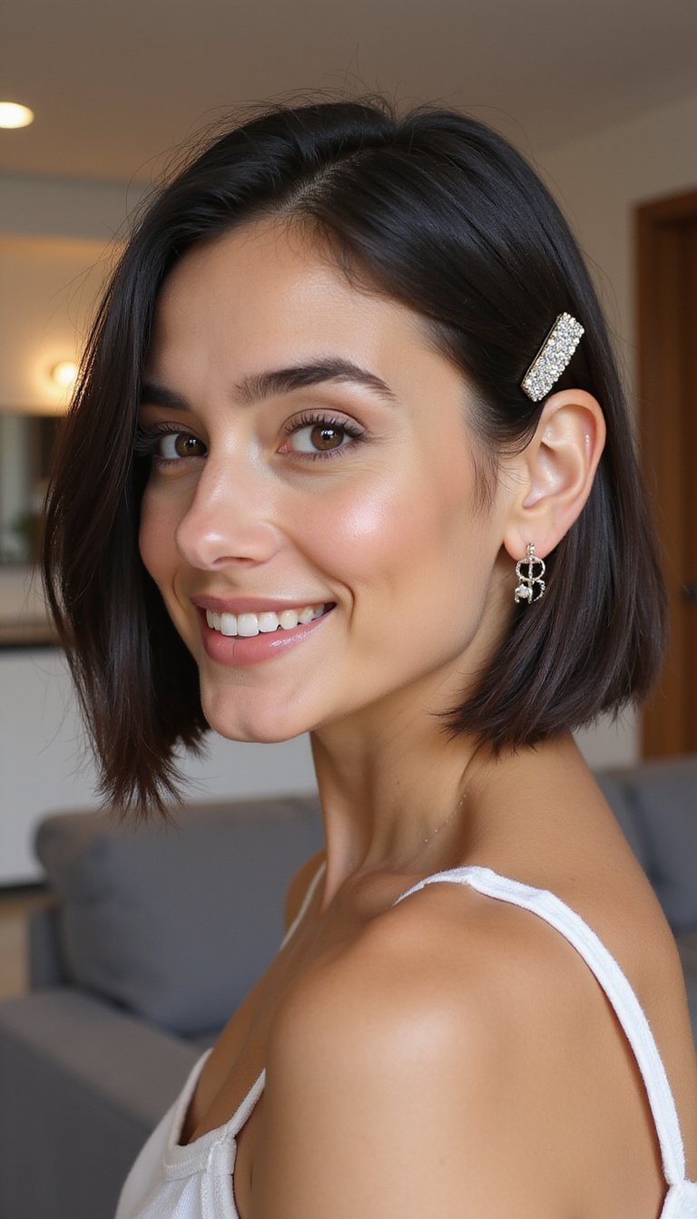 Sleek Blunt Bob With Sparkly Barrette Accent