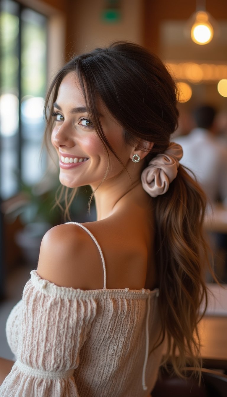 Low Twisted Pony With Satin Scrunchie Detail