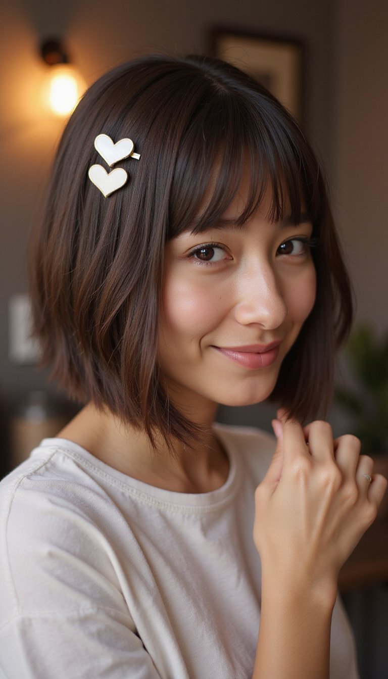 Sleek Blunt Bob With Heart-Shaped Barrettes
