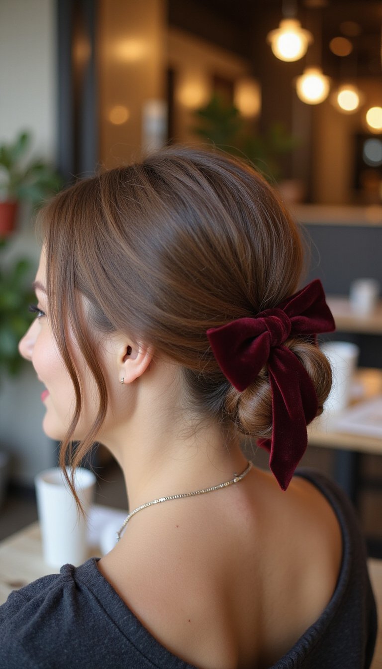 Sleek Low Bun With Velvet Bow Accent