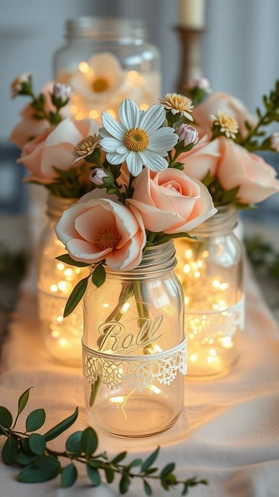 Mason Jar Centerpieces With Fairy Lights And Blooms