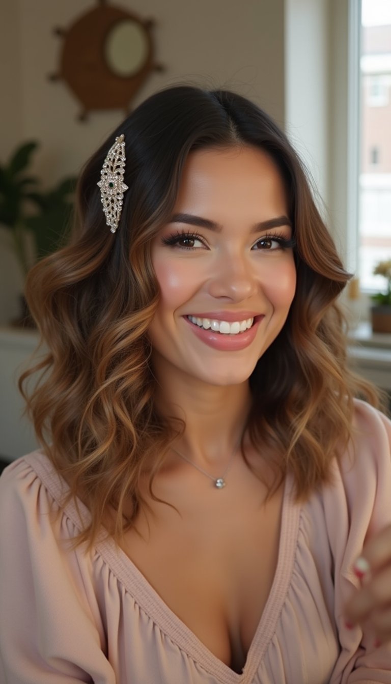 Side-Swept Curly Lob With Statement Barrette