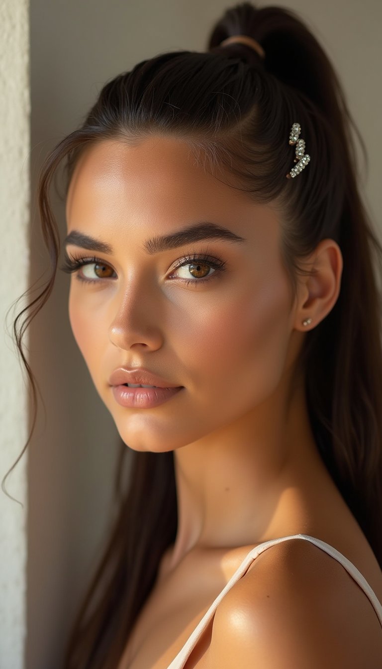 Sleek Wet Look Ponytail With Crystal Clips