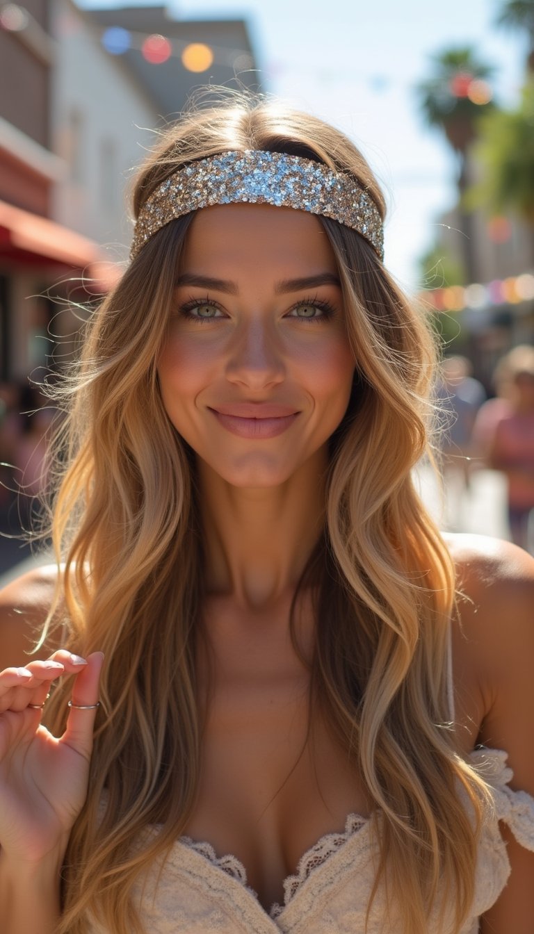Sequin Headband Over Loose Beachy Waves