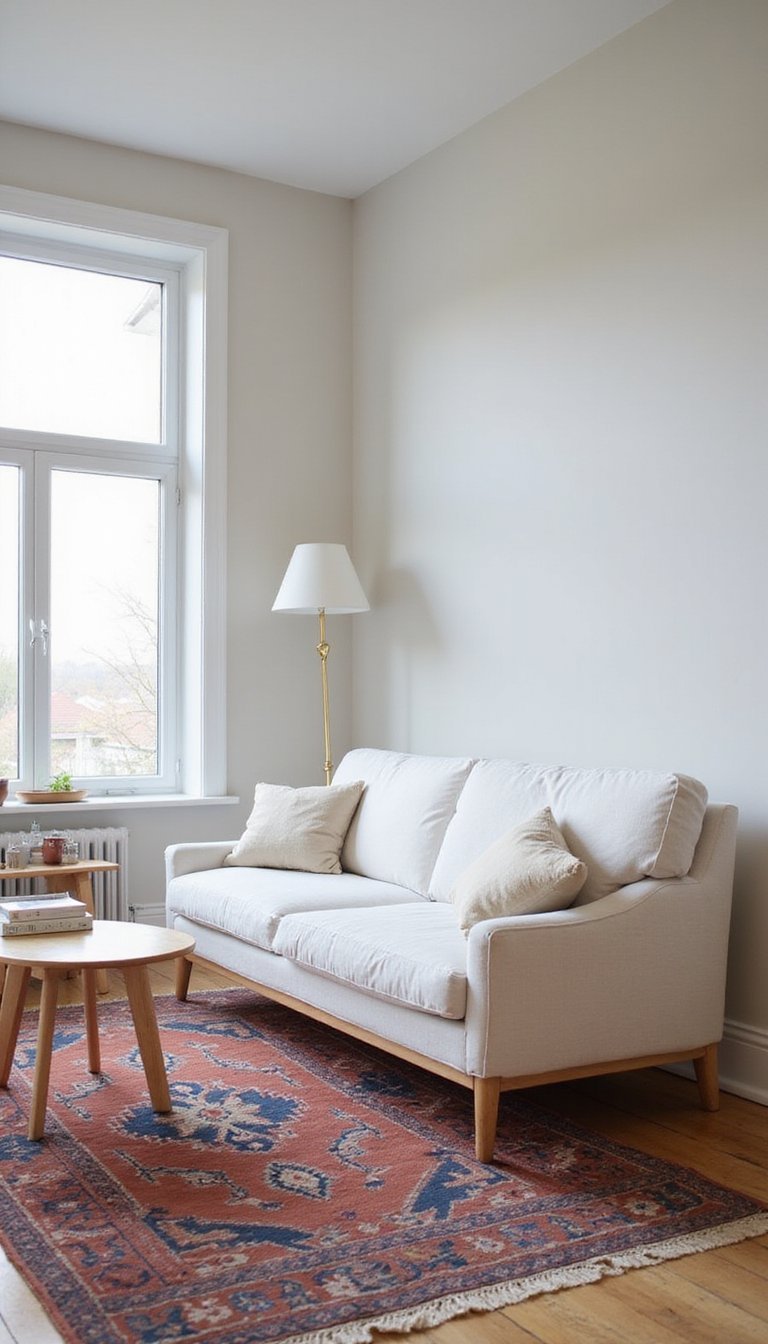 Alfombra Étnica Recuperada Sobre Sofá Minimalista Blanco