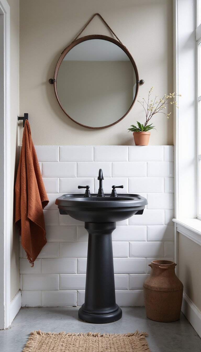 Baño Con Lavabo De Pila Antiguo Y Grifería Negra