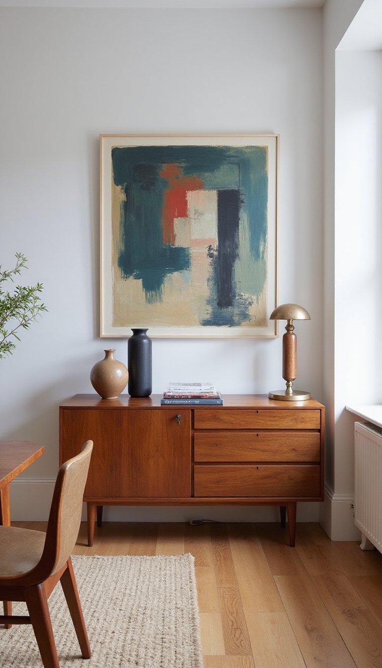 Credenza De Mediados De Siglo Con Arte Contemporáneo Grande