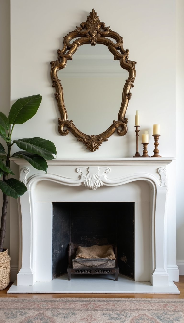 Espejo Antiguo Sobre Chimenea De Diseño Minimal