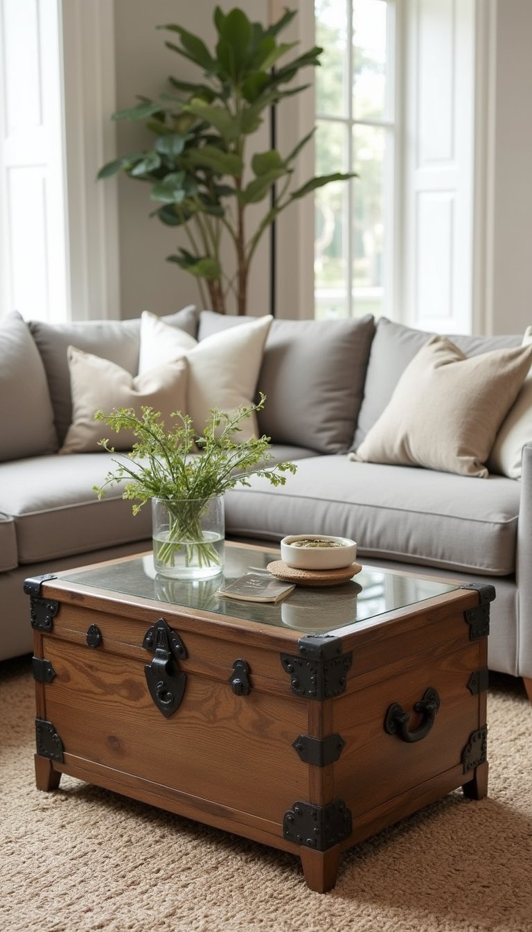 Mesa De Centro Con Baúl Antiguo Y Sobre De Cristal