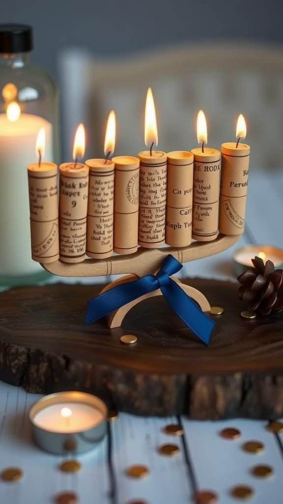 Upcycled Wine Cork Menorah With Brass Tacks