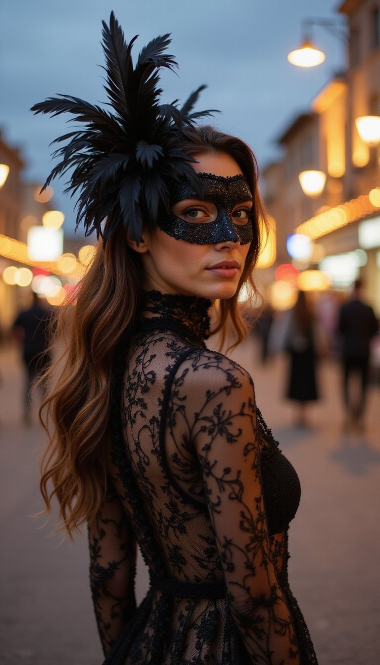 Feathered Mask And Sheer Lace Maxi Dress
