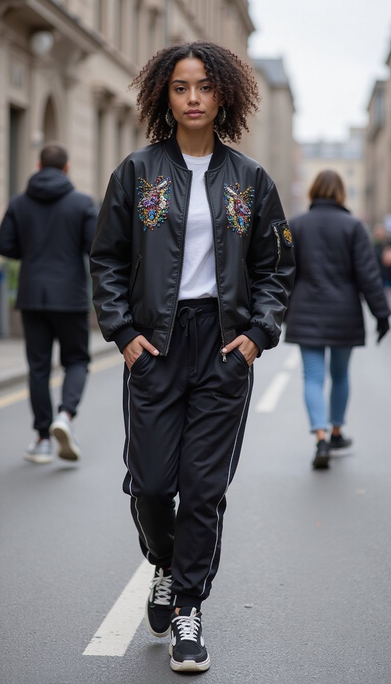Streetwear Bead-Bomber Jacket And Sneakers For Walking Parades