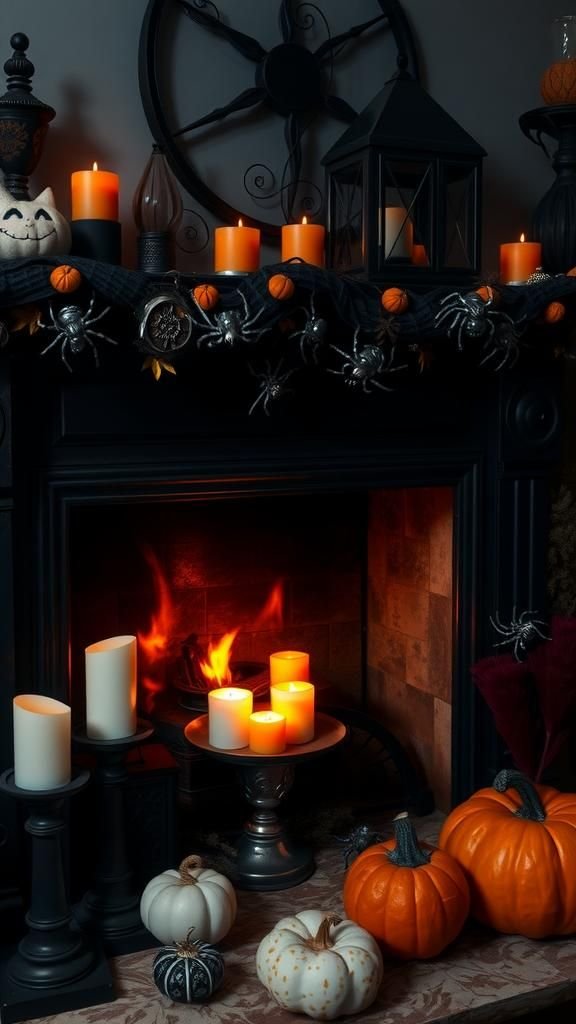 Duct Tape Spider Garland Over Fireplace Mantel