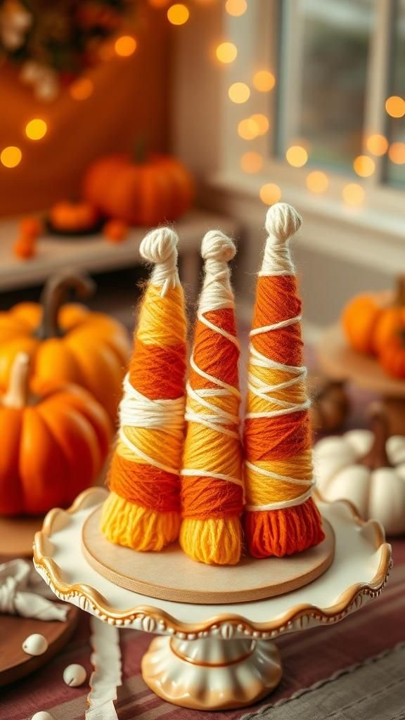 Yarn-Wrapped Candy Corn Table Cones Arrangement