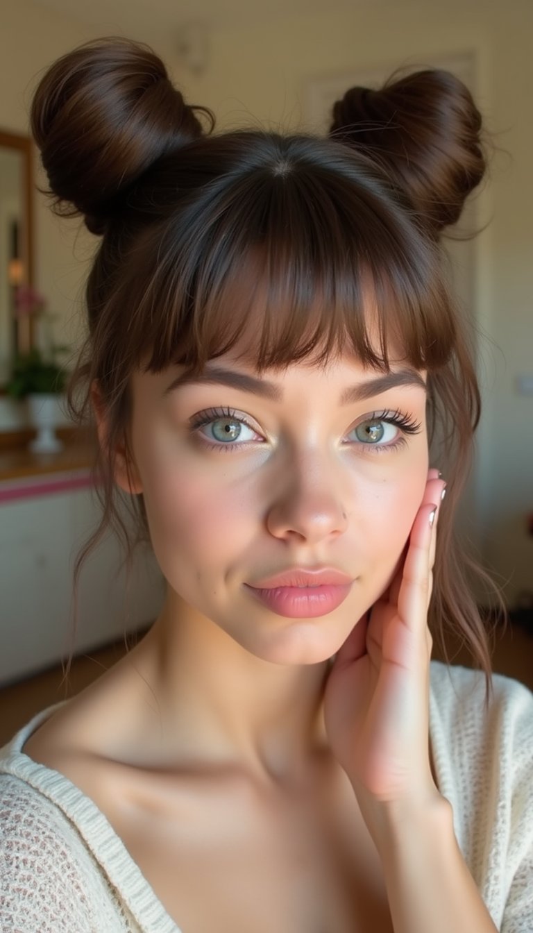 Cat Ear Buns Framed By Soft Face-Framing Bangs
