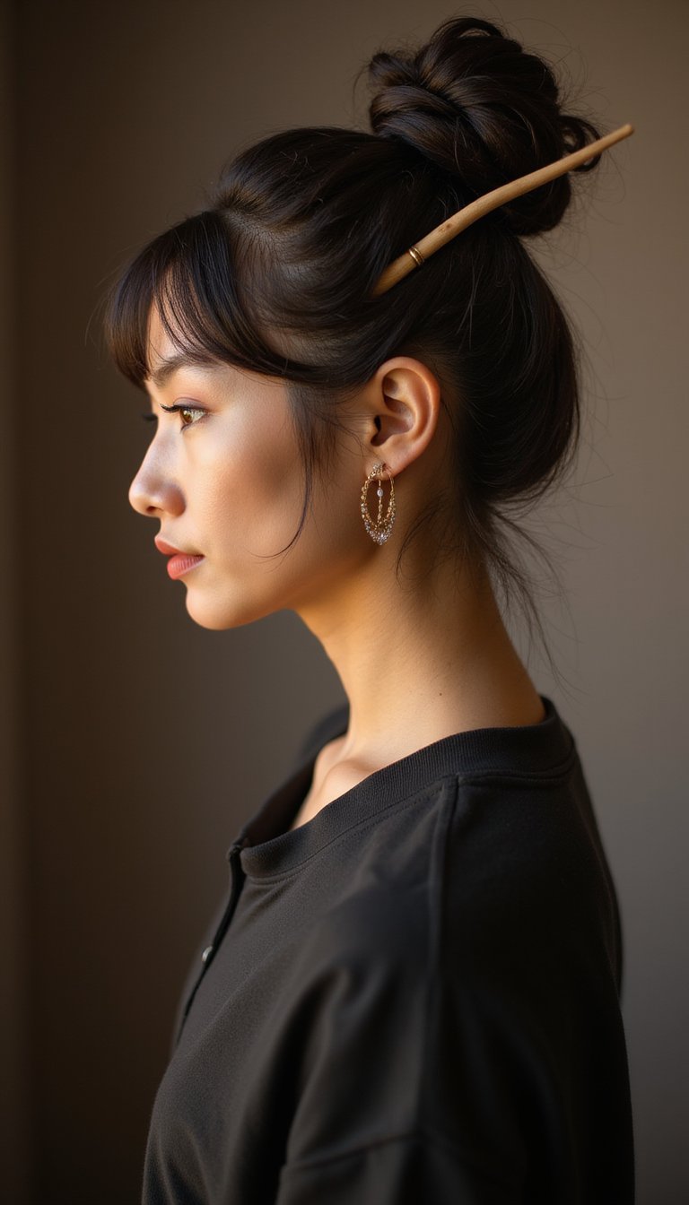 High Witch Bun With Wand Or Chopstick Accent