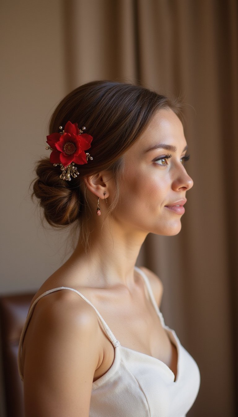 Classic Chignon With Red Floral Hairpin Accent