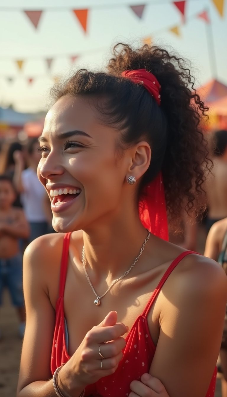 Curly Ponytail With Red Silk Scarf Tie