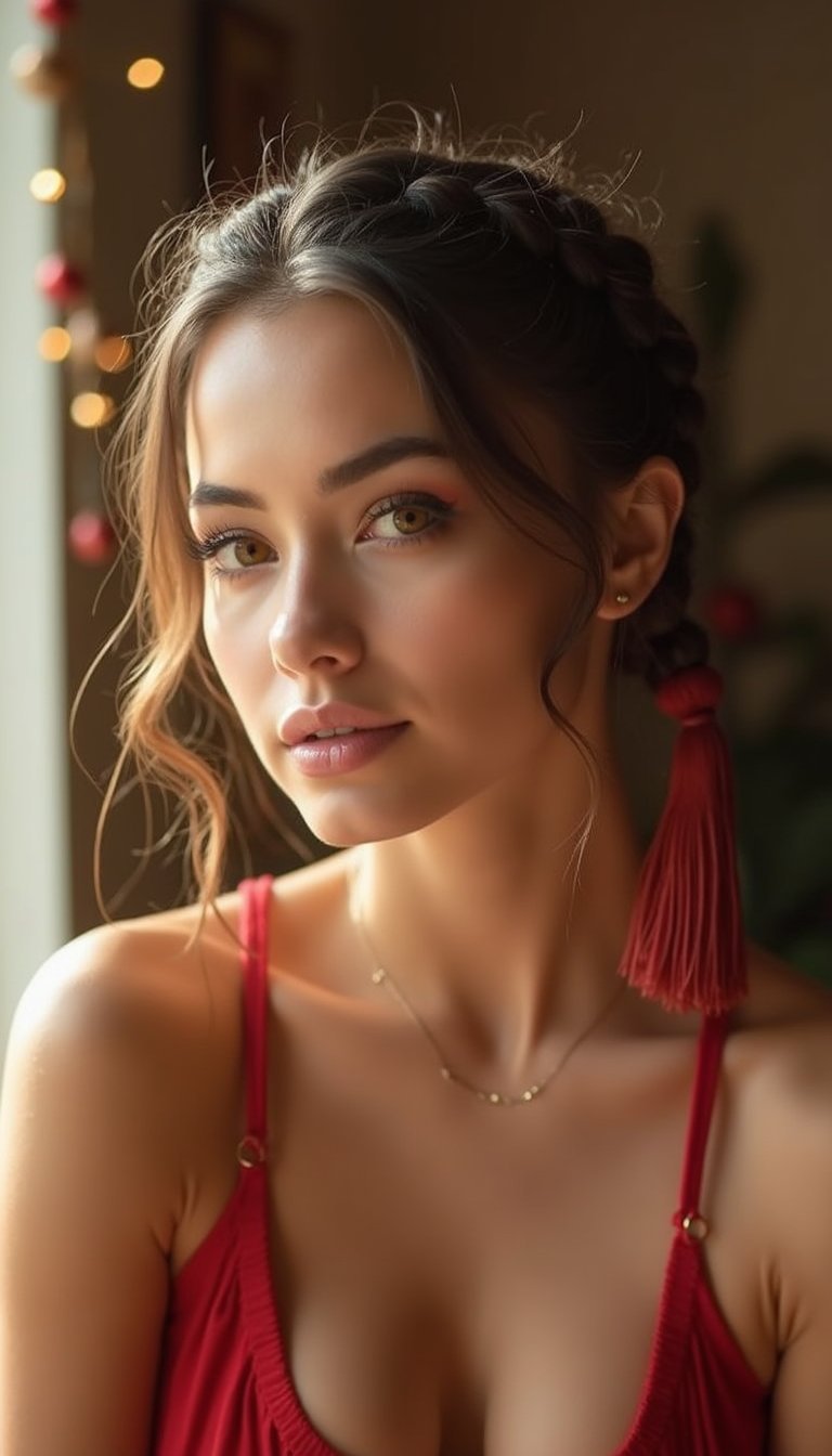 Low Braided Bun With Red Tassel Detail