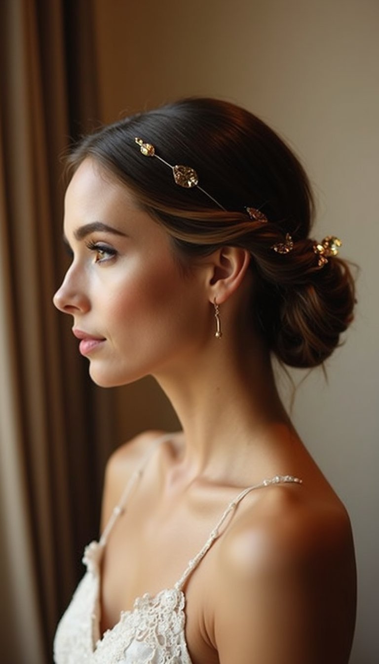 Low Side Chignon With Gold Leaf Pins