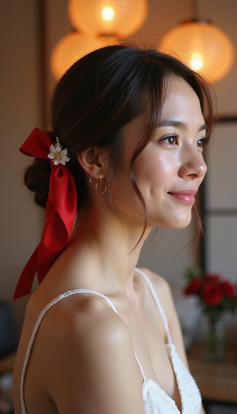 Red Silk Ribbon Low Bun With Floral Pin