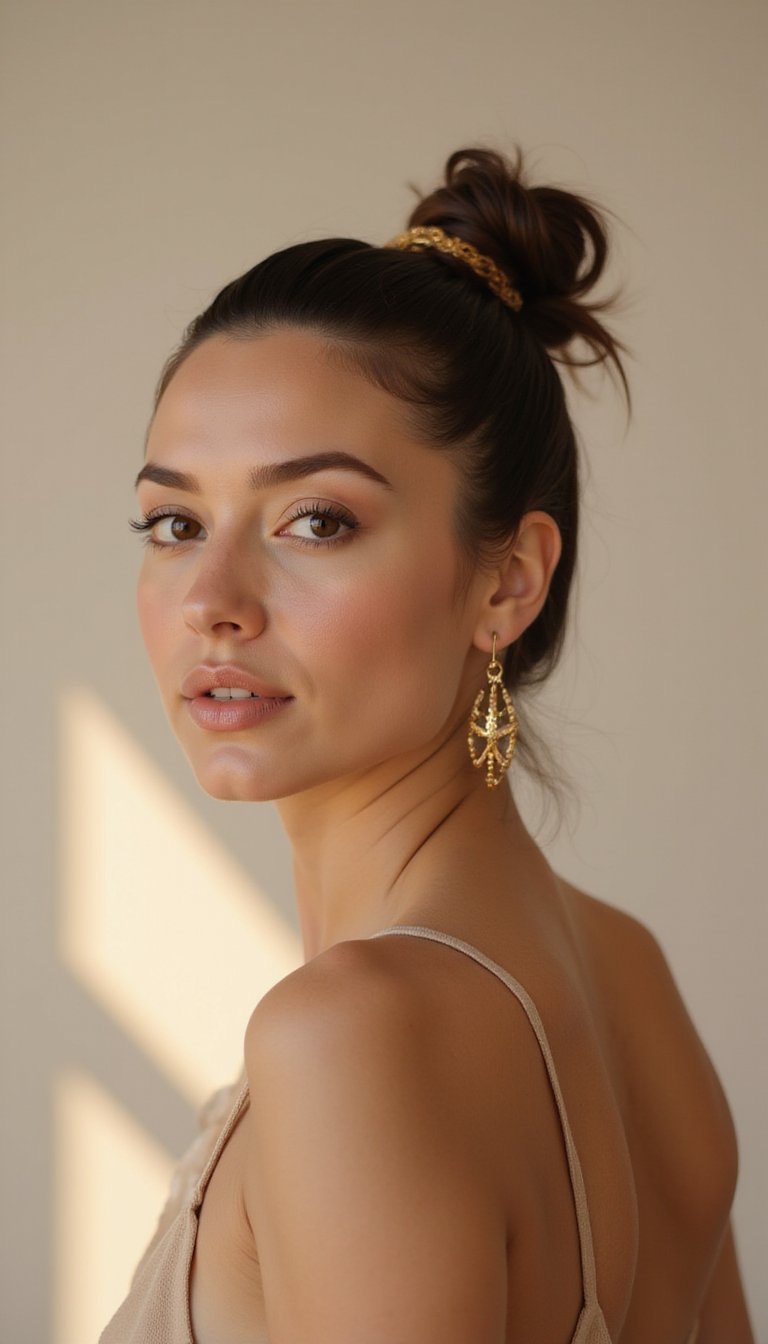 Slicked Back Top Knot With Gold Hair Cuff
