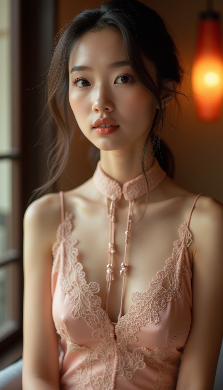 Cheongsam-Inspired Slip Dress With Lace Overlay