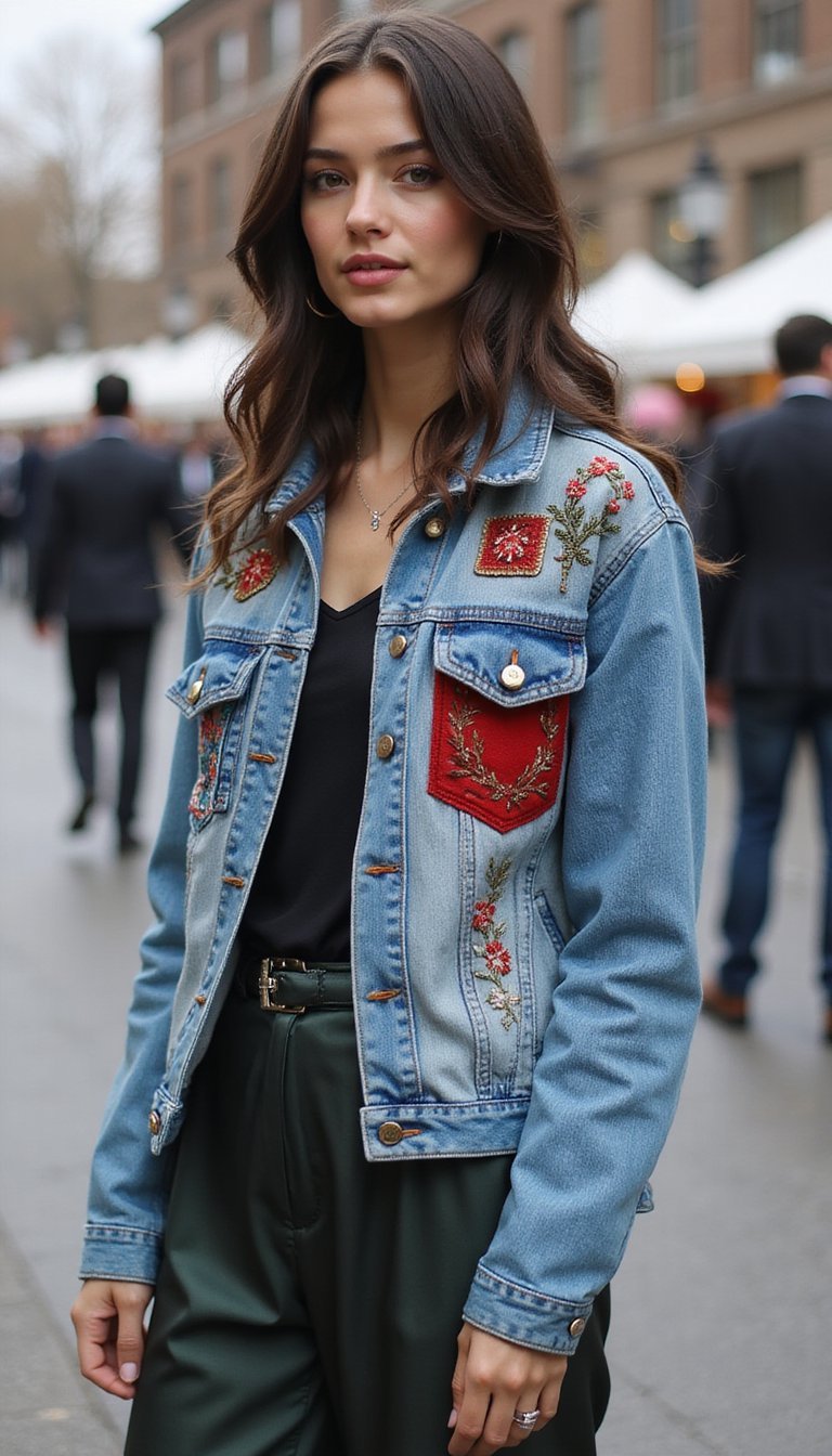 Embroidered Denim Jacket With Red Pocket Square