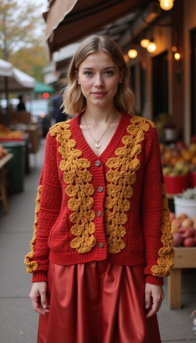 Festive Crochet Cardigan Paired With Satin Midi