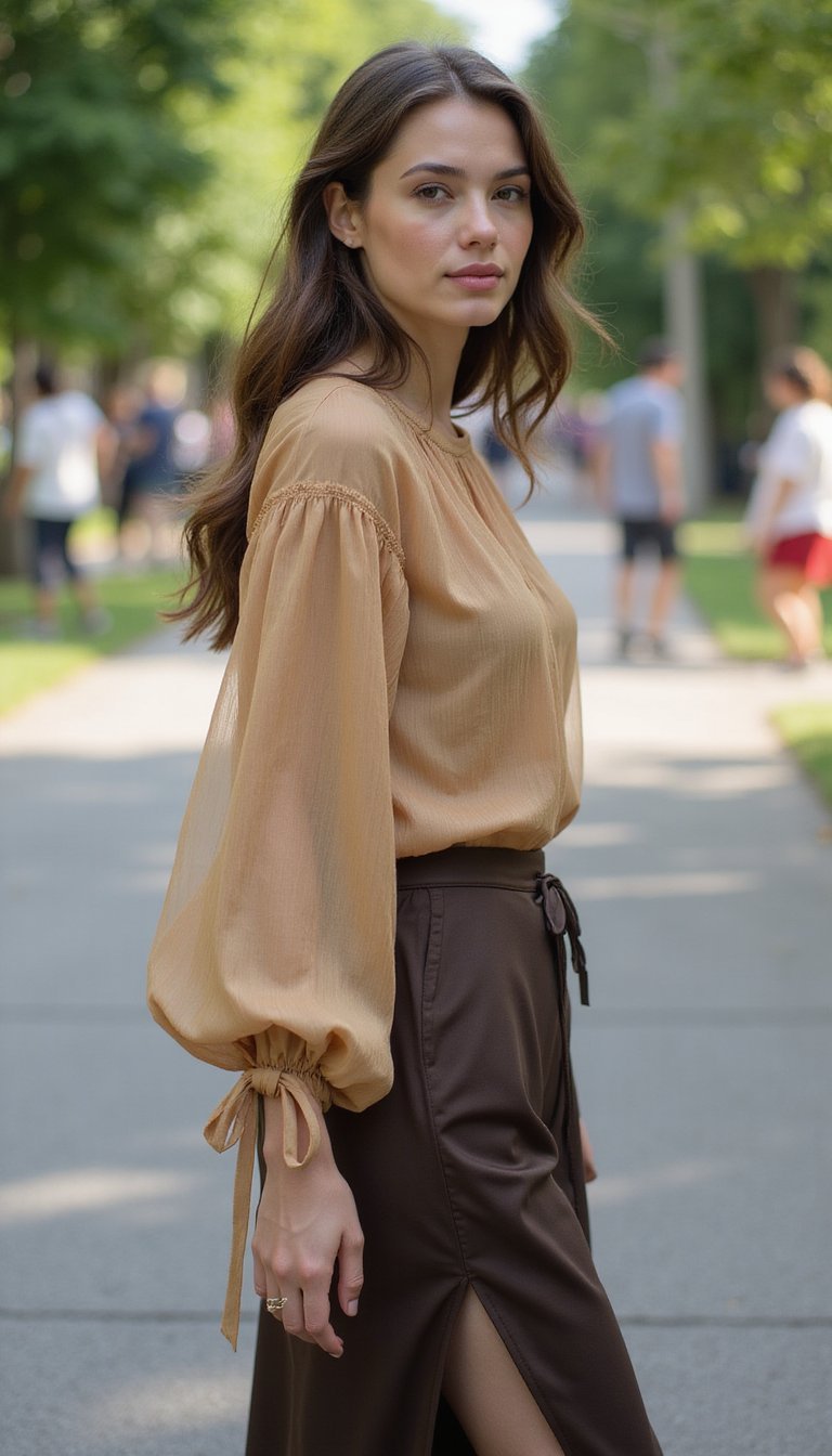 Layered Lantern Sleeve Blouse With Silk Skirt