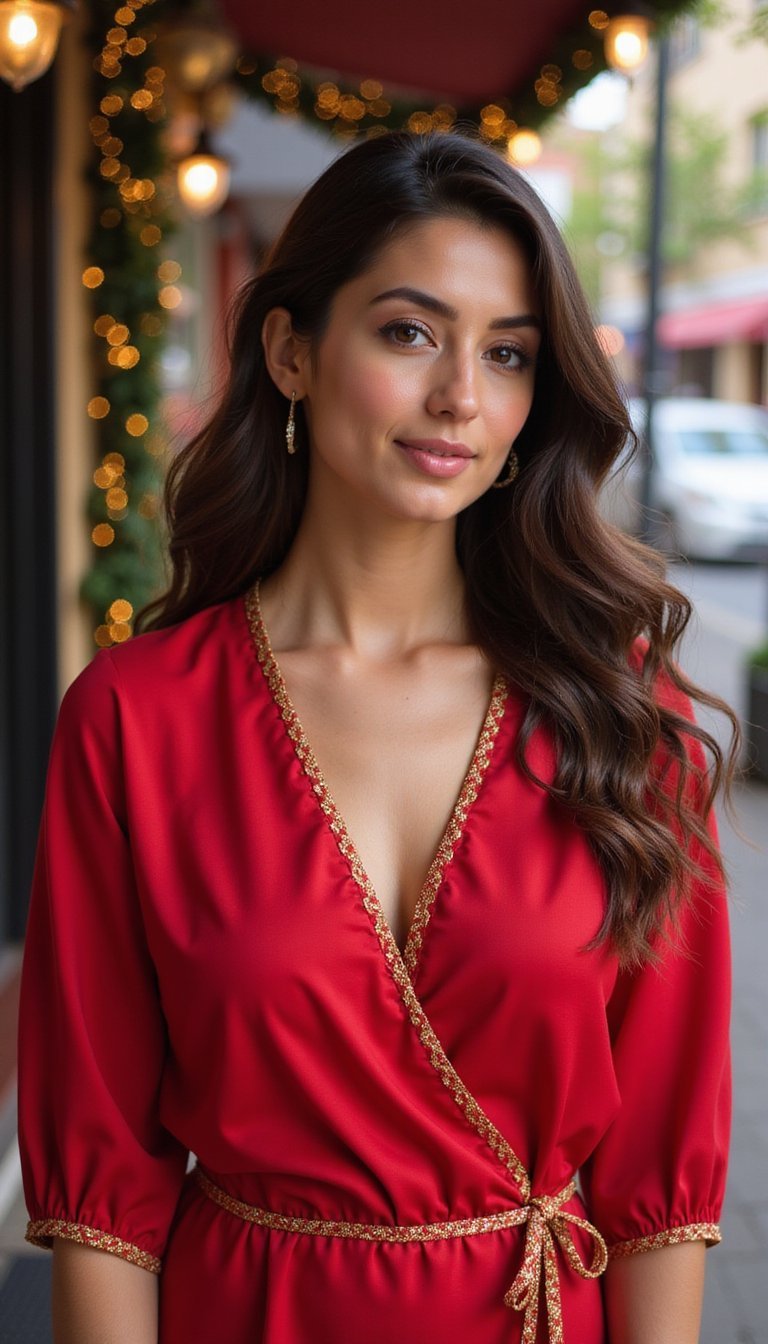 Red Wrap Dress With Gold Ribbon Trim