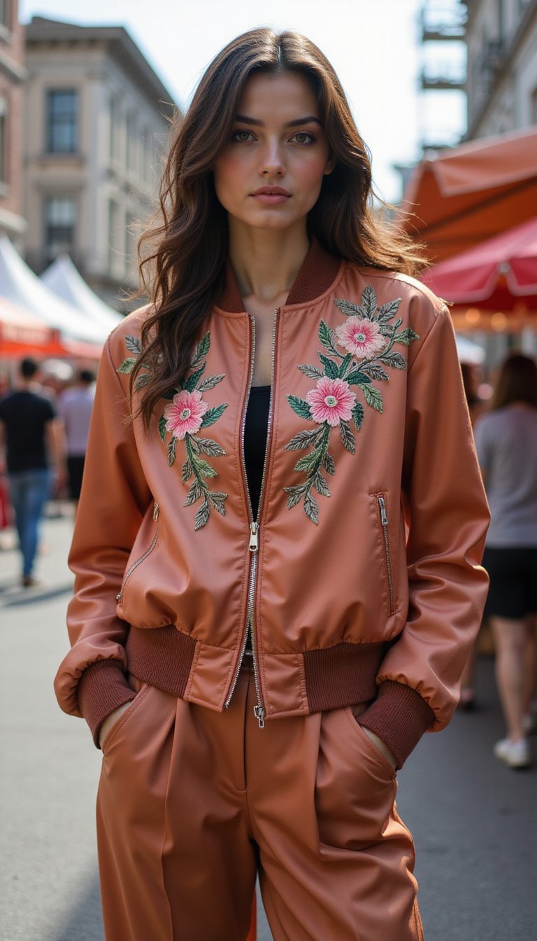 Satin Bomber Jacket Paired With Pleated Culottes