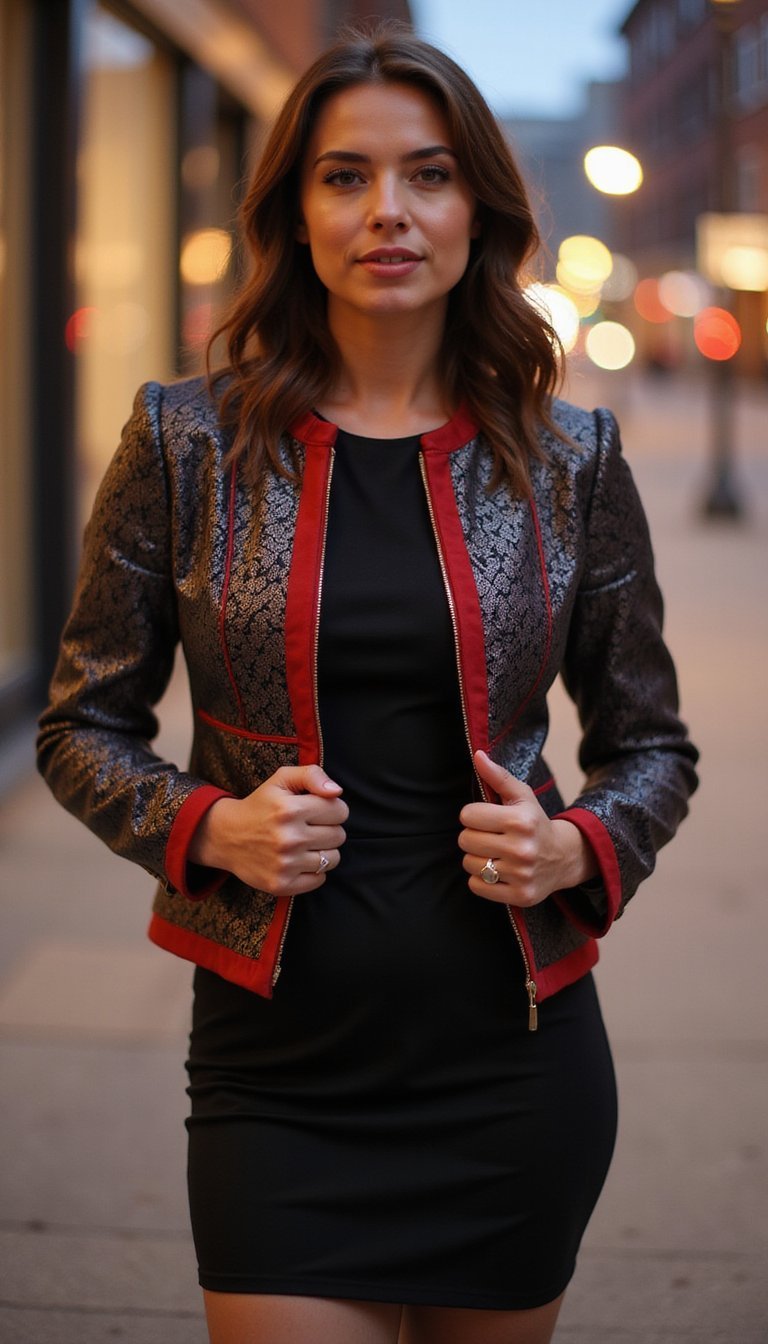 Upcycled Brocade Jacket Over Little Black Dress