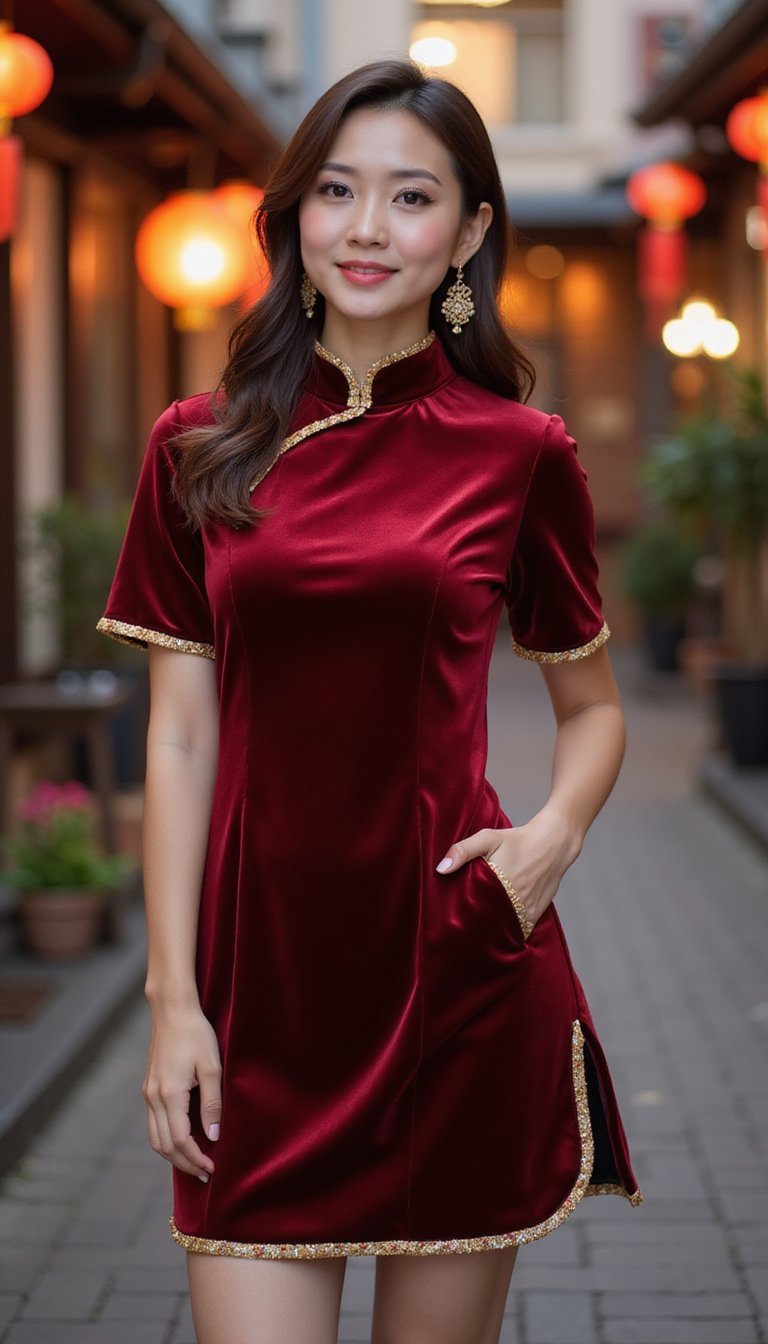 Velvet Cheongsam Mini With Contrast Floral Trim