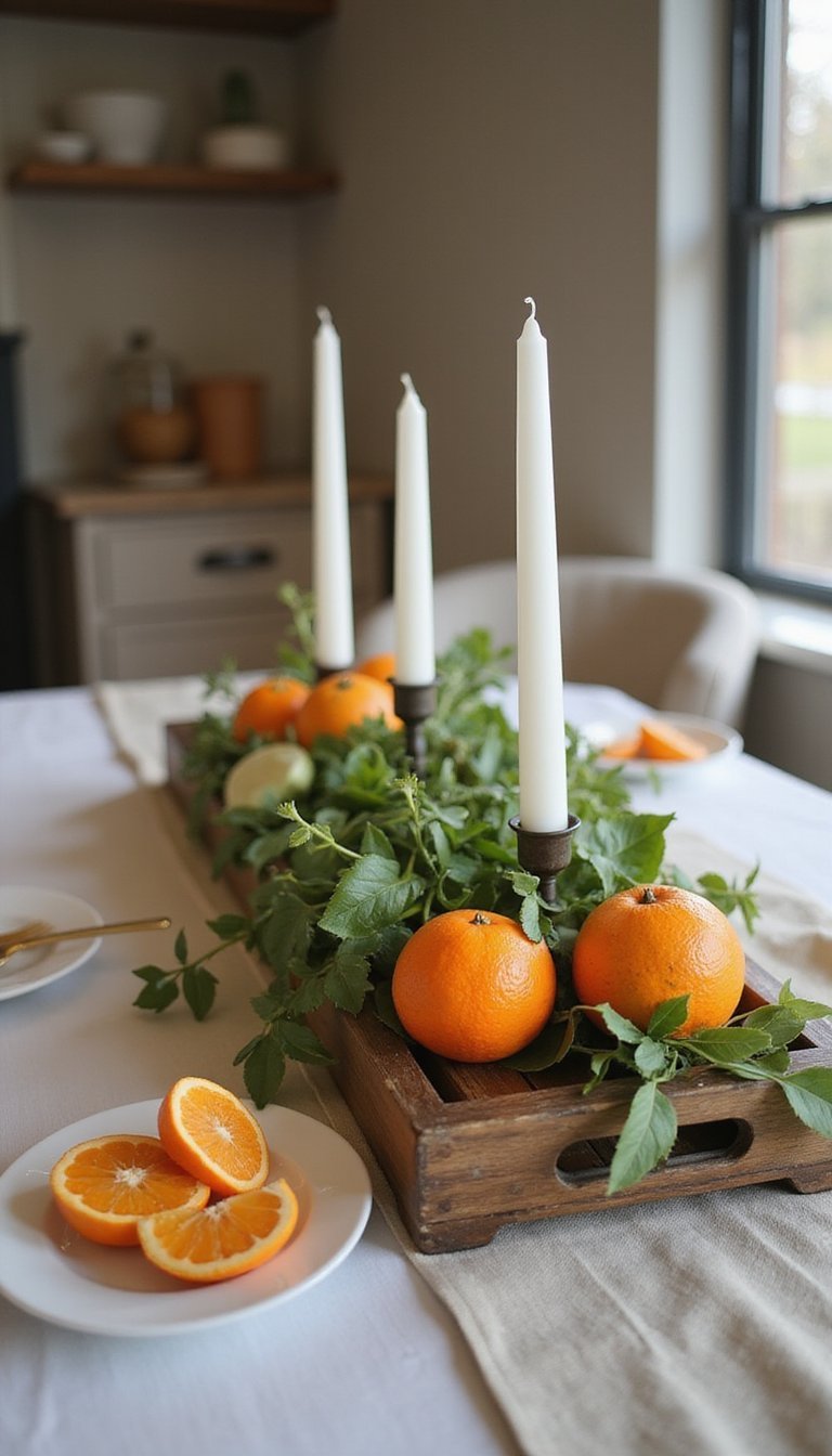 Candlelit Mandarin Centerpiece With Fresh Greenery