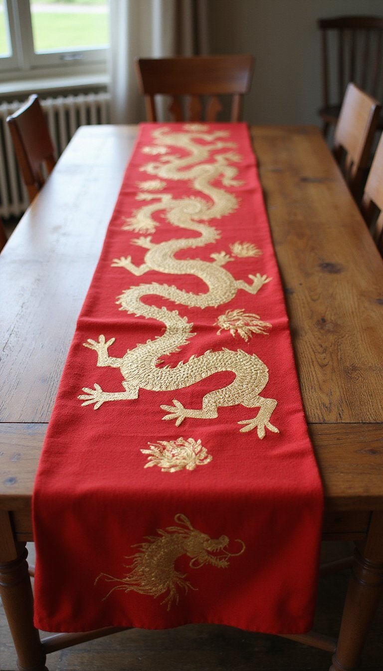 Hand-Painted Dragon Table Runner In Gold